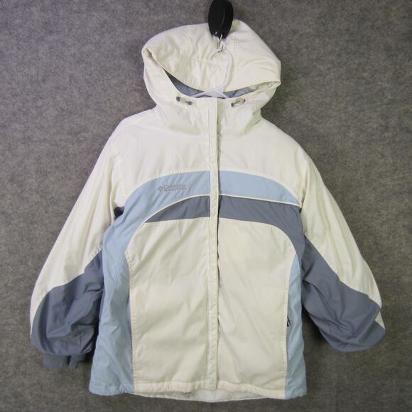 Columbia Jacket Womens Medium White Blue Gray Hooded Snow Ski Coat Fleece Lined - Picture 1 of 9